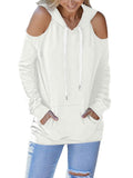 Cold Shoulder Plain Hooded Sweatshirt with Pocket
