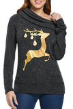 Long Sleeve Cowl Neck Reindeer Print Loose Christmas Sweatshirt Black