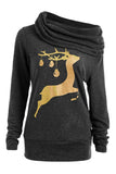 Long Sleeve Cowl Neck Reindeer Print Loose Christmas Sweatshirt Black