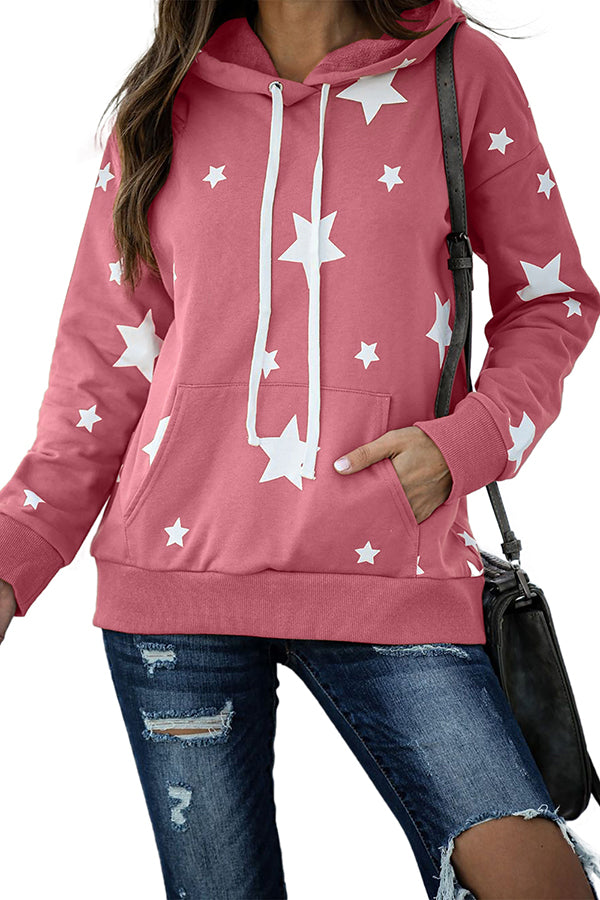 Drop Shoulder Star Print Hoodie With Kangaroo Pocket Pink
