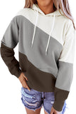 Long Sleeve Color Block Drawstring Neck Pocket Hoodie Grey