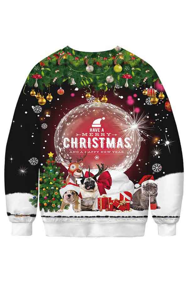 Crew Neck Long Sleeve Christmas Print Pullover Sweatshirt
