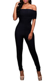 Womens Off Shoulder Plain High Waist Bodycon Jumpsuit Black