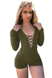 Women Sexy Deep V Lace Up Long Sleeve Romper Army Green