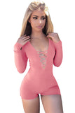 Women Sexy Deep V Lace Up Long Sleeve Romper Pink