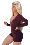 Women Sexy Deep V Lace Up Long Sleeve Romper Ruby