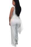 Womens Stylish Asymmetric Sleeve Wide Leg Maxi Plain Jumpsuit White