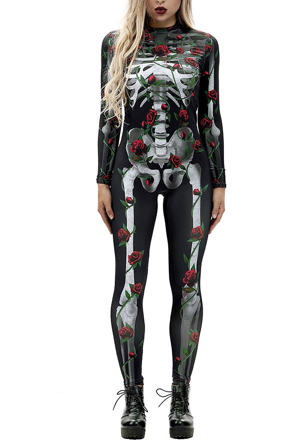 Rose Skeleton Print Jumpsuit Halloween Costume