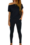 One Shoulder Short Sleeve Plain Casual Jumpsuit Black