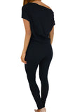 One Shoulder Short Sleeve Plain Casual Jumpsuit Black