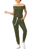 Solid Off Shoulder Plain Pocket Jumpsuit With Jogger Olive
