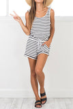 Summer Crew Neck Sleeveless Striped Romper With Pocket