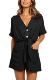 Casual V Neck Button Romper With Pocket