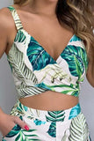 Sexy Tropical Leaf Print Wrap Sleeveless Summer Playsuit White