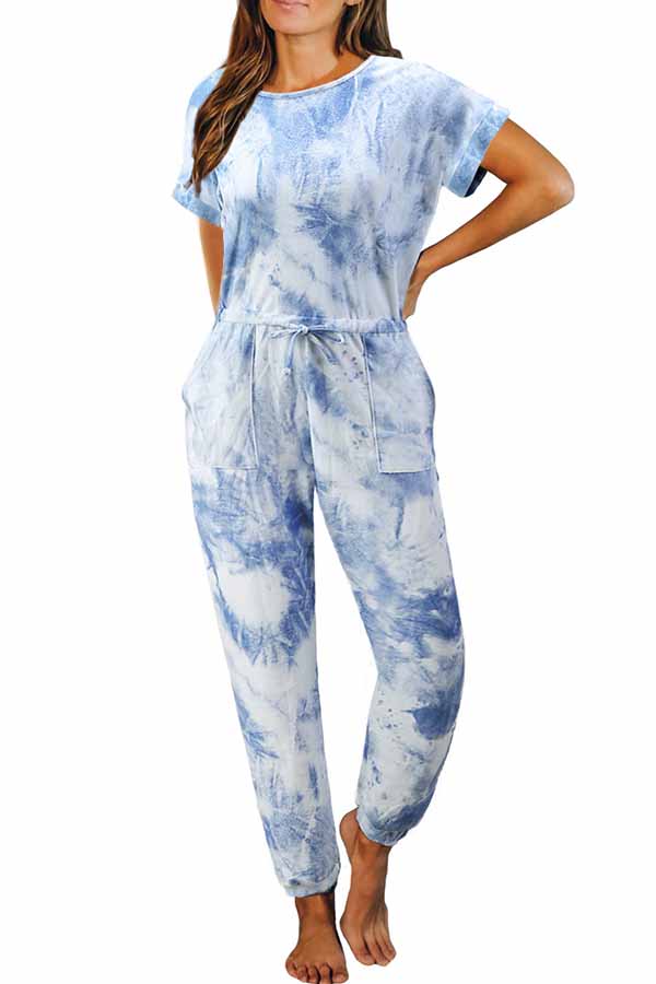Casual Tie Dye Short Sleeve Drawstring Jumpsuit With Pocket Blue