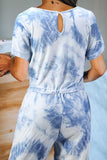 Casual Tie Dye Short Sleeve Drawstring Jumpsuit With Pocket Blue