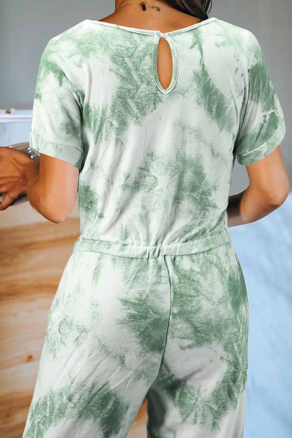 Tie Dye Short Sleeve Cut Out Drawstring Pocket Jumpsuit Green
