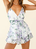 V Neck Floral Ruffle Cami Rompers for Women