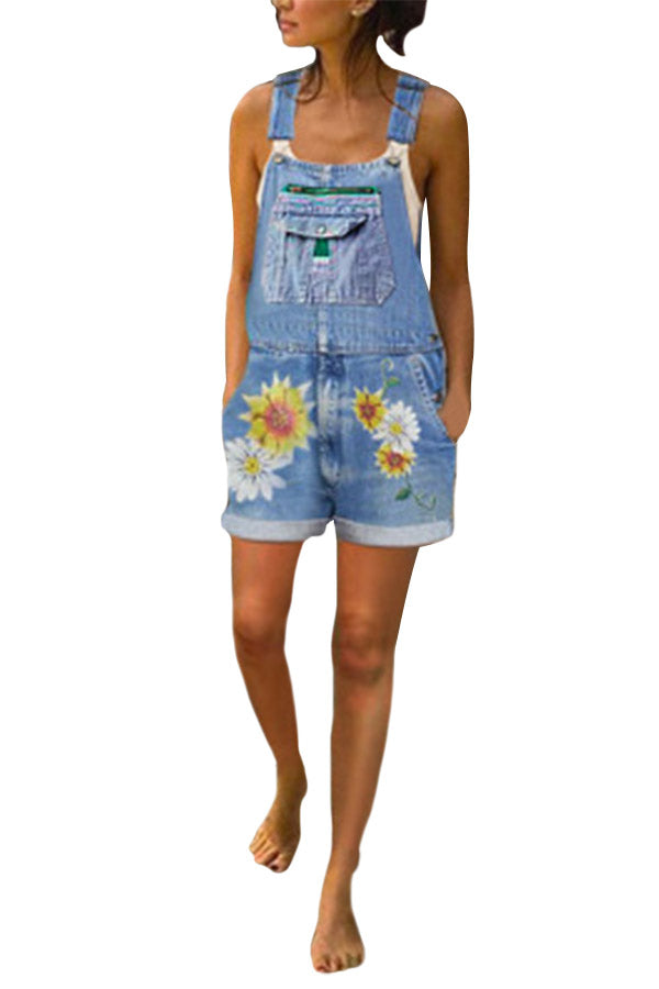 Women's Casual Floral Print Bib Denim Overalls Shorts Blue