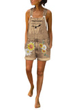 Women's Sunflower Print Pocket Denim Bib Overalls Shorts Khaki