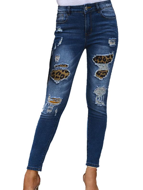 Leopard Ripped Skinny Jeans Pants