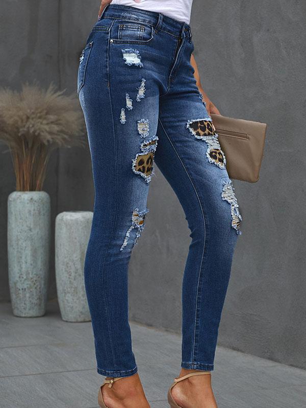 Leopard Ripped Skinny Jeans Pants