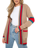 Women Color Block Long Cardigan Sweaters with Pockets
