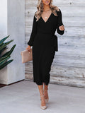 Womens Winter Dress Outfits V Neck Wrap Sweater Dress with Belt