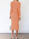 Tight Long Sleeves Ribbed Knit Sweater Midi Dress Hollow Out Front