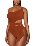 Solid Color One Shoulder Swimsuit Cutout One Piece Swimsuit Tie Up with Rope