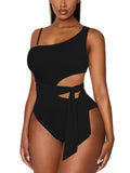 Solid Color One Shoulder Swimsuit Cutout One Piece Swimsuit Tie Up with Rope