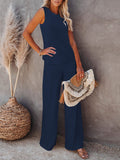 Women's Summer Casual Two Piece Outfits Sweatsuits Knit Tank Top Wide Leg Pants