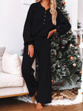 Puff Sleeves Turn Down Collar Pullover Sweater High Rise Wide Leg Pants