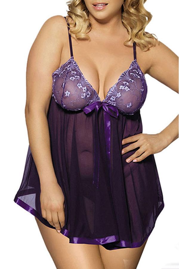 Womens Plus Size See Through Lace Trim Babydoll