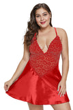 Plus Size V Neck Criss Cross Floral Lace Patchwork Babydoll With Thong Red