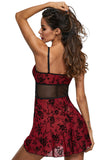 Mesh Sheer Floral Lace Patchwork Slit Babydoll With Thong Red