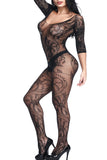 Floral Sheer Crotchless Bodystocking Black