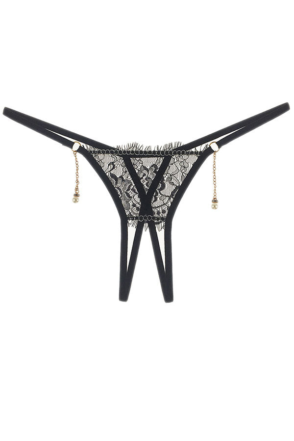 Lace Up Sexy Sheer Pearl Crotchless Thong Panty Black