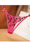 Bowknot Floral Embroidery Thong Sheer Panties Rose Red