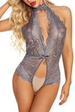 Women's Lace Trim Cut Out Halter Crotchless Teddy