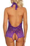Women's Sexy Lace Backless Crotchless Halter Teddy Purple