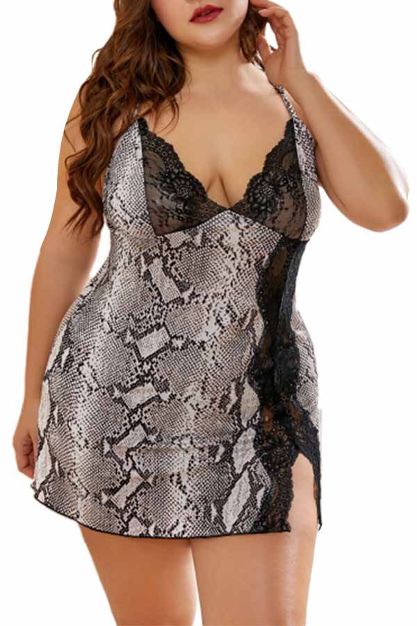 Plus Size Snakeskin Print Sheer Lace Babydoll With Slit