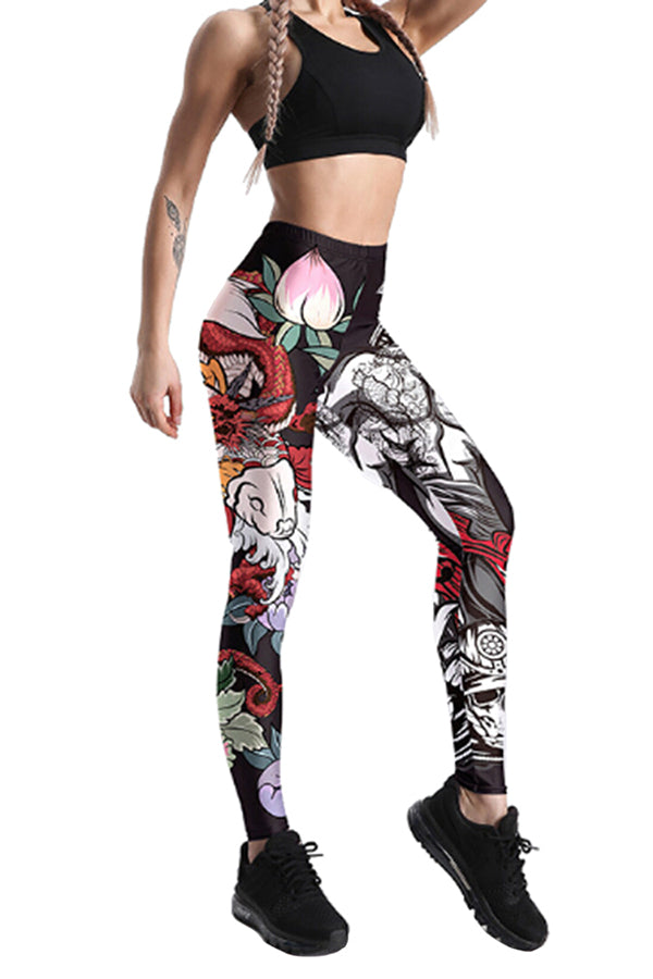 Womens Stretchy Skinny High Waisted Graphic Printed Leggings Ruby