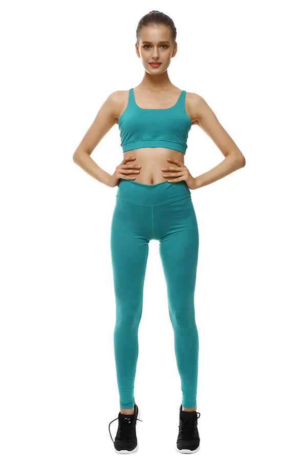 Elastic Skinny Tie Plain Yoga Workout Leggings Turquoise