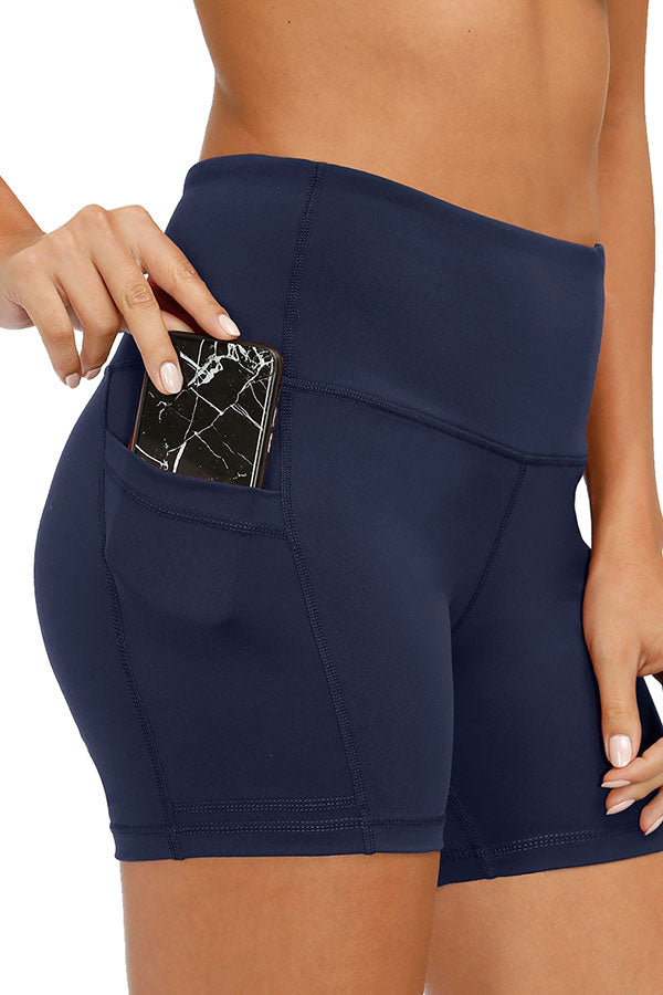 Solid Wide Waistband Bodycon Yoga Shorts Navy Blue