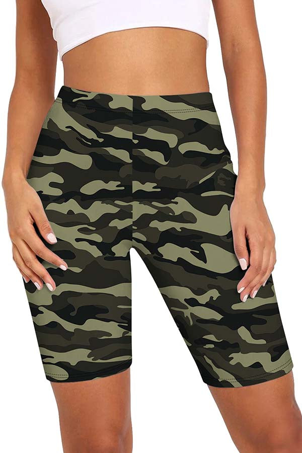 Camouflage Print High Rise Workout Bike Shorts Olive