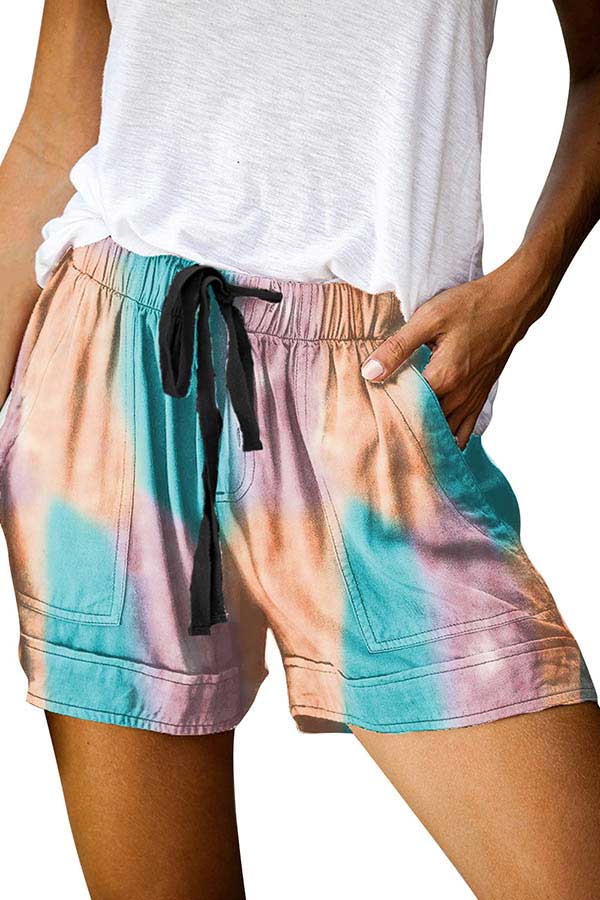 Plus Size Drawstring Pocket Tie Dye Casual Shorts For Women Orange