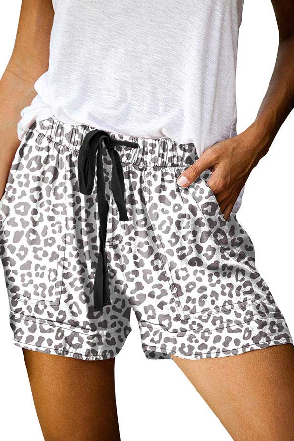 Plus Size Women's Leopard Print Casual Shorts With Pocket Light Grey