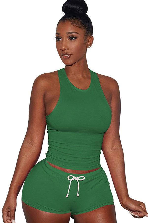 Womens Plain Tank Top Drawstring Waist Shorts Sports Suit Green