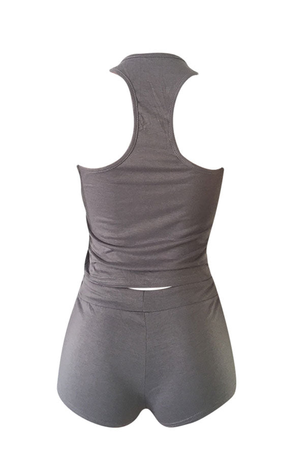 Womens Plain Tank Top Drawstring Waist Shorts Sports Suit Gray